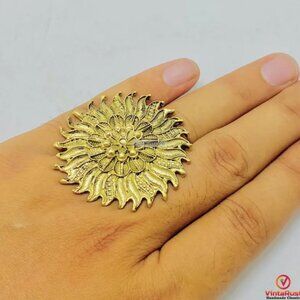 Antique Gold Tone Sunflower Ring: Large Boho Floral Statement Ring